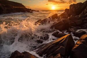 le vagues sont s'écraser plus de le rochers à le coucher du soleil. ai génératif photo