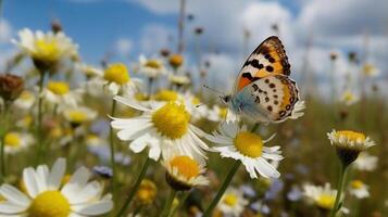 magnifique blanc Jaune marguerites et bleu bleuets avec flottant papillon dans été dans la nature contre Contexte de bleu ciel avec des nuages. ai génératif photo