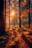 le plus magnifique rouge l'automne forêt dans le monde. ai génératif photo