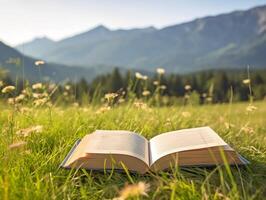 livre sur le Prairie avec Montagne à Contexte. ai génératif photo