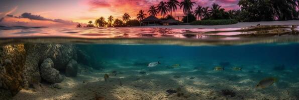 photographier de magnifique attrayant plage scène avec rose le coucher du soleil ciel. ai génératif photo