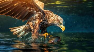 proche en haut de Aigle attraper le poisson au dessus bleu l'eau. ai génératif photo