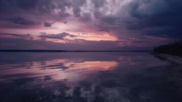 une scène dans lequel le tout violet ciel est réfléchi dans le l'eau. ai génératif photo