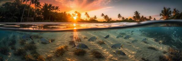 photographier de magnifique attrayant plage scène avec le coucher du soleil ciel. ai génératif photo