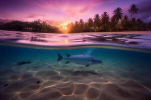 photographier de magnifique attrayant plage scène avec violet le coucher du soleil ciel. ai génératif photo