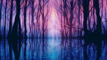 des arbres dans une forêt avec l'eau sur il, dans le style de brouiller silhouette, avec une bleu violet Ton. ai génératif photo