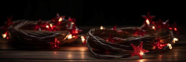 Noël Contexte avec bleu lumière lumineux guirlandes et rouge étoiles sur une blanc en bois Contexte avec copie espace. ai génératif photo