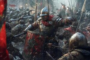 chevaliers dans armure combat certains autre personnages. ai génératif photo