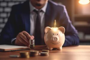 idée pour enregistrer ou investissement. homme d'affaire en portant ampoule à côté de porcin banque et pièces de monnaie empilage sur bureau avec Remarque livre. ai génératif photo