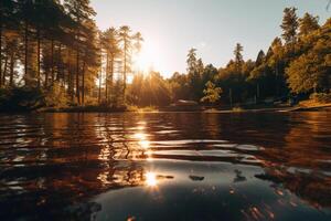 lac, croustillant radiant reflets, lumière du soleil luisant. ai génératif photo