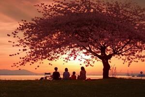 le silhouette de une famille profiter une pique-nique en dessous de une Cerise fleur arbre dans le coucher du soleil ciel. ai génératif photo