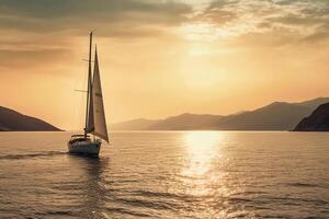 luxe yacht voile dans le milieu de le mer à côté de un île et montagnes dans le horizon à le coucher du soleil comme large bannière. ai génératif photo