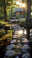 lumineux granit faire un pas des pierres de premier plan à chalet dans milieu de étang. ai génératif photo