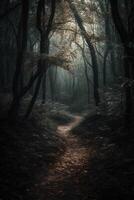 foncé forêt, avec une chemin dans le milieu, horreur ambiant, des arbres sur le côté. ai génératif photo