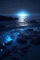 océan rive à nuit, le l'eau est plein de dinoflagellés, embrasé avec des millions brillant bleu néon lueur dans le foncé minuscule points. ai génératif photo