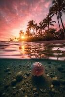 photographier de magnifique attrayant plage scène avec rose le coucher du soleil ciel. ai génératif photo