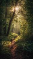 magnifique des rayons de lumière du soleil dans une vert forêt. ai génératif photo