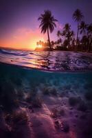 photographier de magnifique attrayant plage scène avec violet le coucher du soleil ciel. ai génératif photo