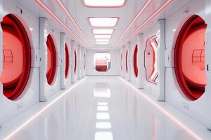 futuriste Contexte science fiction intérieur blanc mur et rouge lumière architecture couloir,. ai génératif photo