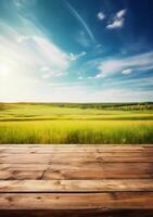 printemps été magnifique Contexte avec vert juteux Jeune herbe et vide en bois table dans la nature Extérieur. Naturel modèle paysage avec bleu ciel et Soleil. ai génératif photo