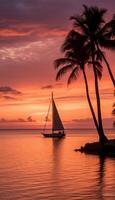 vue de une le coucher du soleil plus de une calme océan, avec chaud Orange et rose tons remplissage le ciel. ai génératif photo