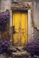 image de une pierre porte avec les plantes et Jaune porte. ai génératif photo