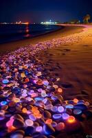 à nuit, le blanc plage est plein de coloré embrasé créatures et transparent embrasé cailloux. ai génératif photo