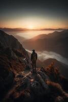 une homme est permanent sur une Montagne. ai génératif photo