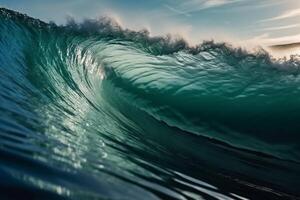 tropical bleu surfant vague. ensoleillement dans le vague baril. non personnes. magnifique Profond bleu tube vague dans le océan. ai génératif photo