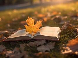 livre sur une feuille avec érable arbre à Contexte. ai génératif photo