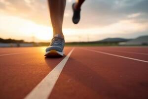 coureurs pieds dans une athlétique fonctionnement piste. Jeune homme athlète formation à le coucher du soleil. ai génératif photo