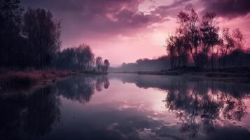 une scène dans lequel le tout violet ciel est réfléchi dans le l'eau. ai génératif photo