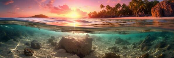 photographier de magnifique attrayant plage scène avec rose le coucher du soleil ciel. ai génératif photo