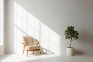 moderne minimaliste intérieur avec un fauteuil sur vide blanc Couleur mur Contexte. ai génératif photo