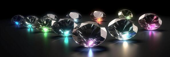 pétillant rond Couper diamants pose dans le ascendant diagonale projecteur sur contraste noir et lumière gris Contexte. ai génératif photo