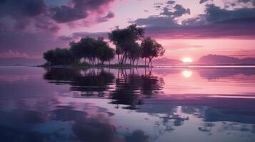 une scène dans lequel le tout violet ciel est réfléchi dans le l'eau. ai génératif photo