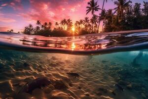 photographier de magnifique attrayant plage scène avec rose le coucher du soleil ciel. ai génératif photo