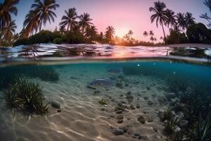 photographier de magnifique attrayant plage scène avec rose le coucher du soleil ciel. ai génératif photo