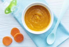 Bébé carotte en purée avec cuillère dans un bol photo