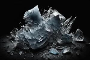 fragments de brillant verre et la glace dans vol, isoler, noir Contexte. ai généré photo