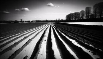 Frais labouré champ terre fermer dans le des rayons de le Soleil. ai généré. photo