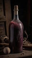 rétro ancien du vin bouteille avec lunettes, foncé Contexte. ai généré. photo