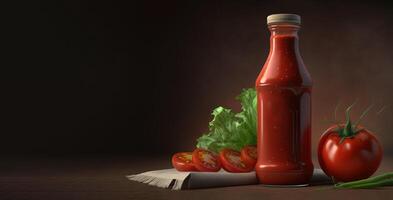 fait maison tomate sauce dans une verre bouteille avec mûr vert feuille tomates. ai généré. photo