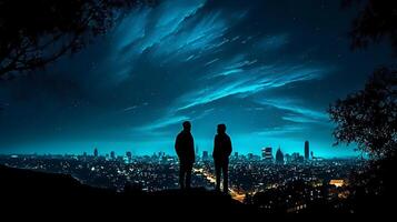 silhouettes de deux observation des étoiles femme en disant au revoir, entouré par des arbres et le contour de Londres ville dans le Contexte. ai génératif photo