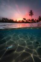 photographier de magnifique attrayant plage scène avec rose le coucher du soleil ciel. ai génératif photo