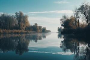 une scène dans lequel le tout lumière bleu ciel est réfléchi dans le l'eau. ai génératif photo