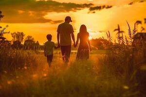 silhouette de content famille en marchant dans le Prairie à le coucher du soleil. ai génératif photo