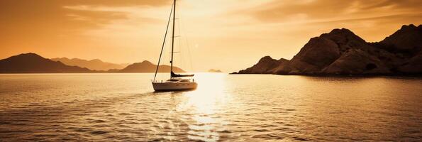 luxe yacht voile dans le milieu de le mer à côté de un île et montagnes dans le horizon à le coucher du soleil comme large bannière. ai génératif photo