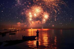 feu d'artifice nuit mer étoile. ai génératif photo