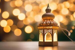 original traditionnel fleuri Oriental lanterne avec magnifique bokeh de vacances lumières et mosquée dans Contexte. ai génératif photo
